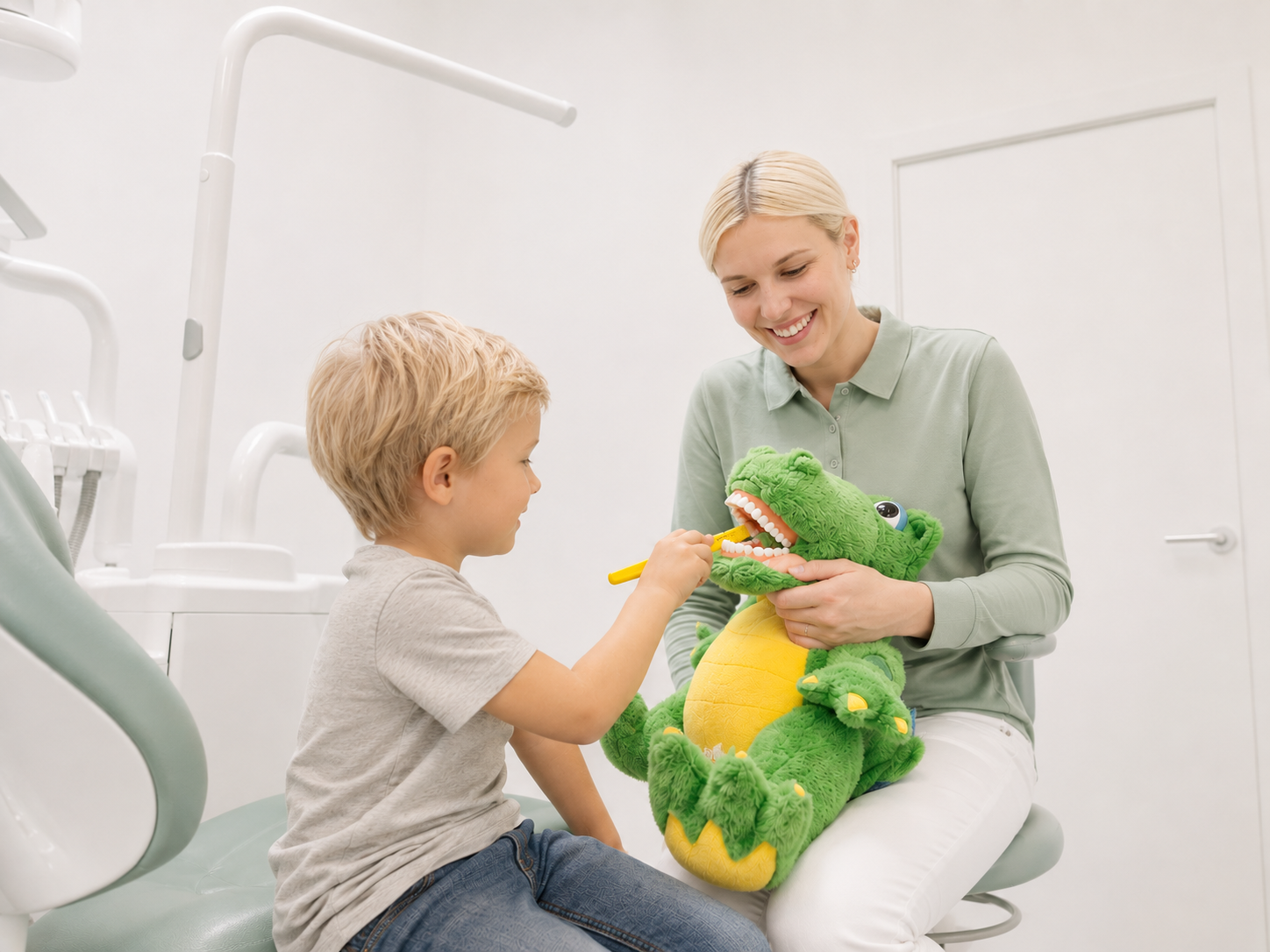 Ein Kinderzahnarzt behandelt einen Jungen in einer Zahnarztpraxis, während sie ein grünes Drachen-Kuschelspielzeug zeigen.