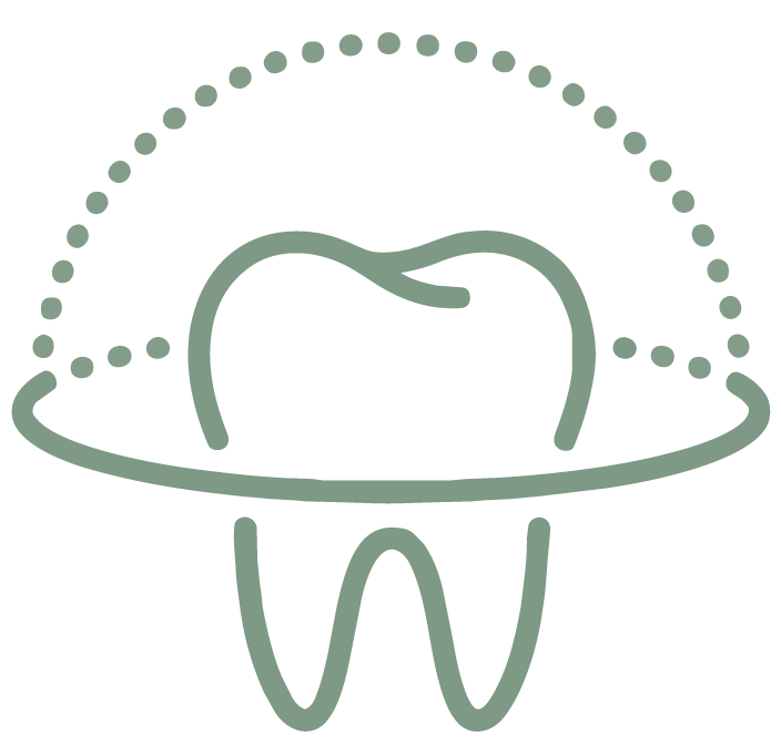 Zeichnung eines Zahns mit einer zahnärztlichen Schutzkappe und einem Kreis um den Zahn, symbolisiert Zahnmedizin oder Zahnhygiene.