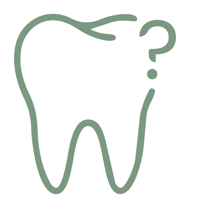 Ein stilisiertes Zahn-Icon mit einem Fragezeichen daneben, symbolisiert Zahngesundheit oder Zahnfragen.
