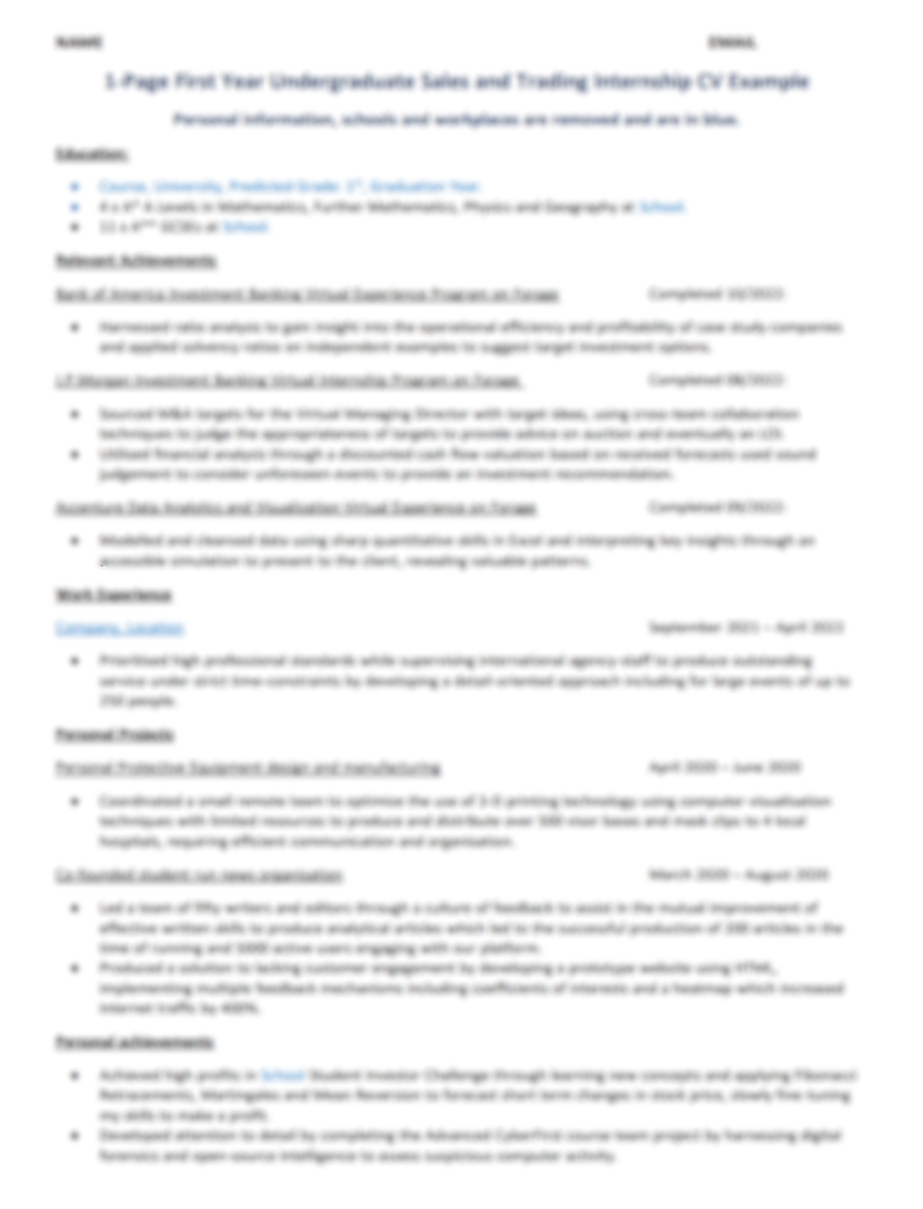Real CV: First Year Undergraduate Sales & Trading Internshiop