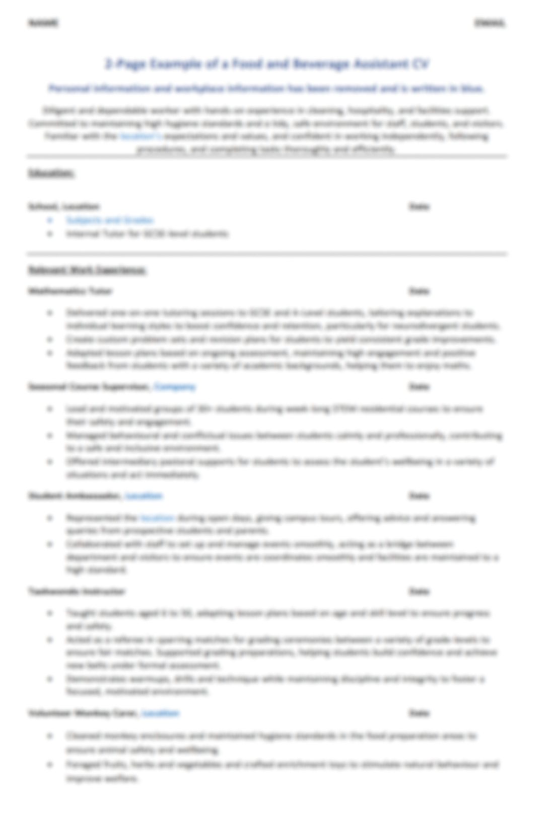 Real CV: Food & Beverage Assistant Part Time Job