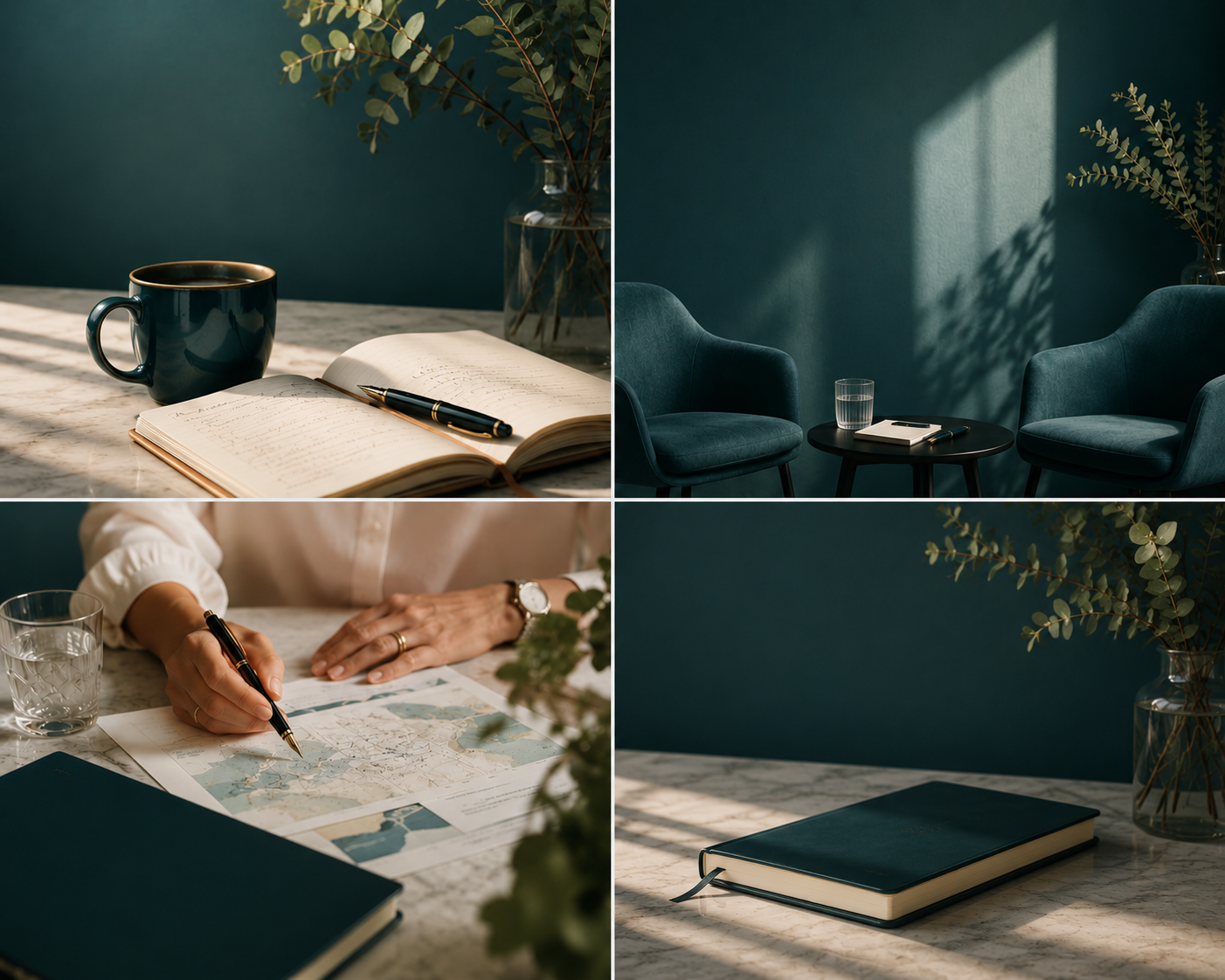 Vier foto's van een uitzicht op een interieur. De eerste foto toont een koffiekop, een open notitieboek, een pen en een vaas met bladeren op een marmeren tafel. De tweede foto toont een zithoek met twee blauwe stoelen, een ronde tafel met een glas water, een notitieboek en een pen, en een vaas met bladeren op de achtergrond, met licht en schaduw op de muur. De derde foto toont een persoon die een kaart of plattegrond ondertekent, naast een glas water, een notitieboek en een vaas met bladeren. De vierde foto toont een gesloten notitieboek en een vaas met bladeren op een marmeren tafel, met licht en schaduw omheen.