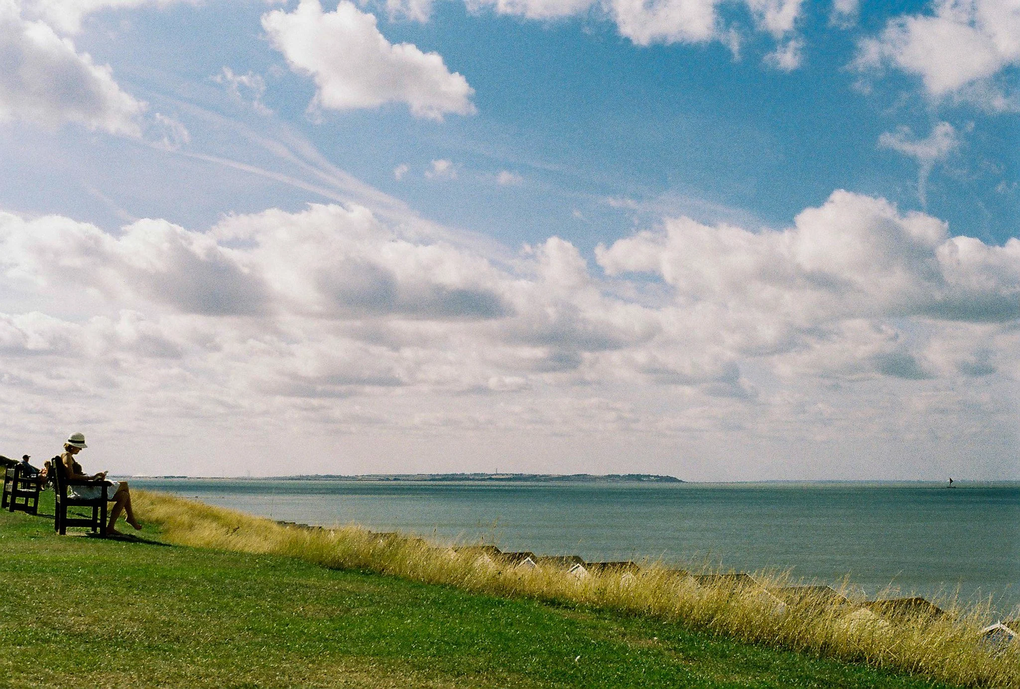 People sitting on benches along a grassy edge near a large body of water on a partly cloudy day.