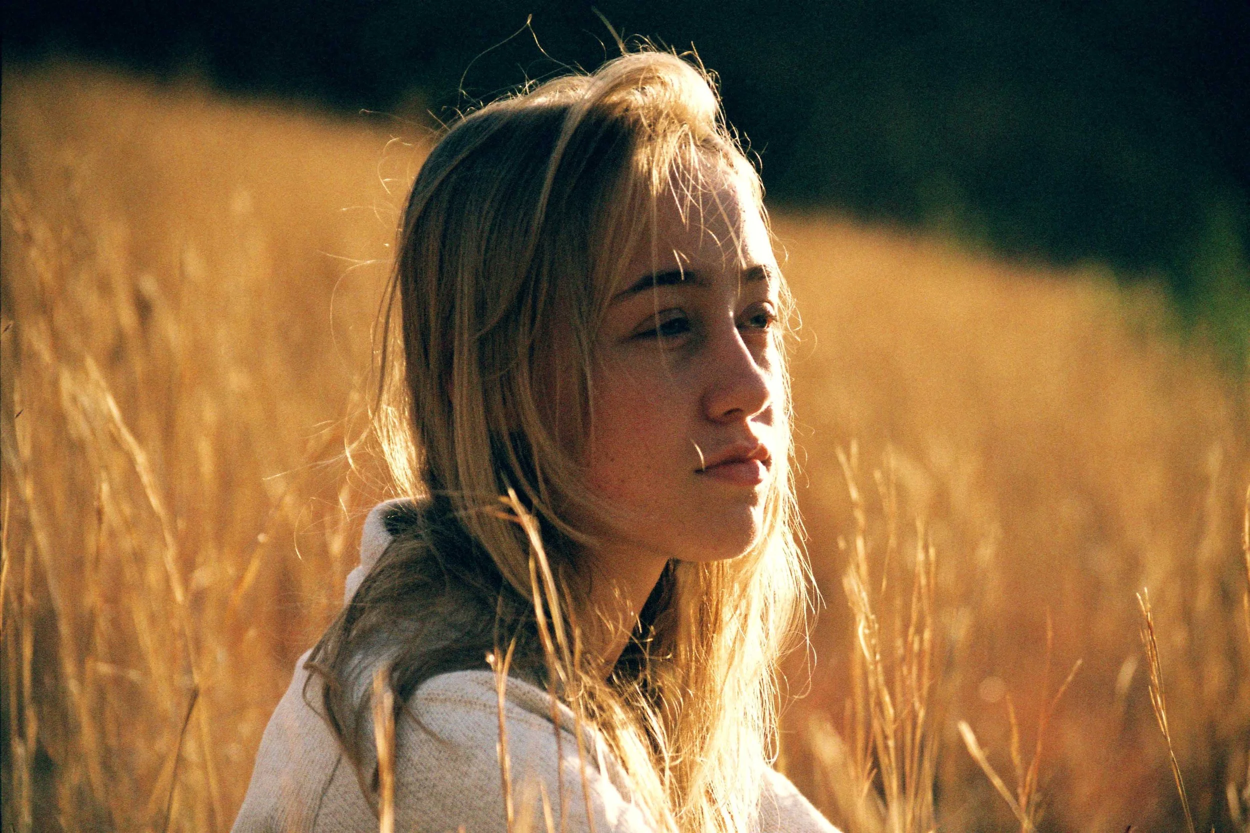 A young blonde woman with braided hair is standing in a wheat field during sunset, facing slightly to the right with a gentle expression.