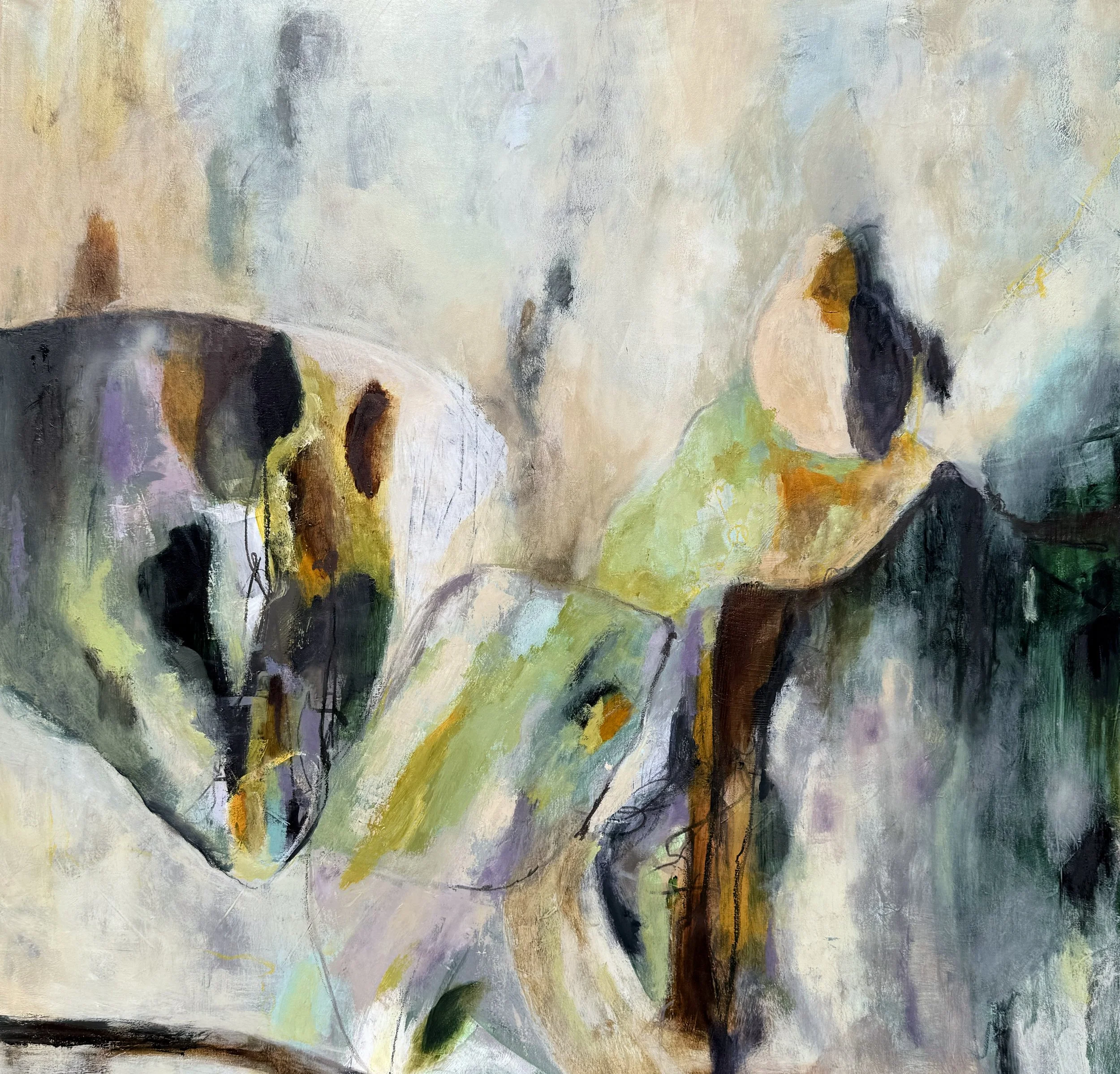 Abstract oil painting by Brita Nordin with vibrant colors including green, yellow, black, orange, purple, and blue.