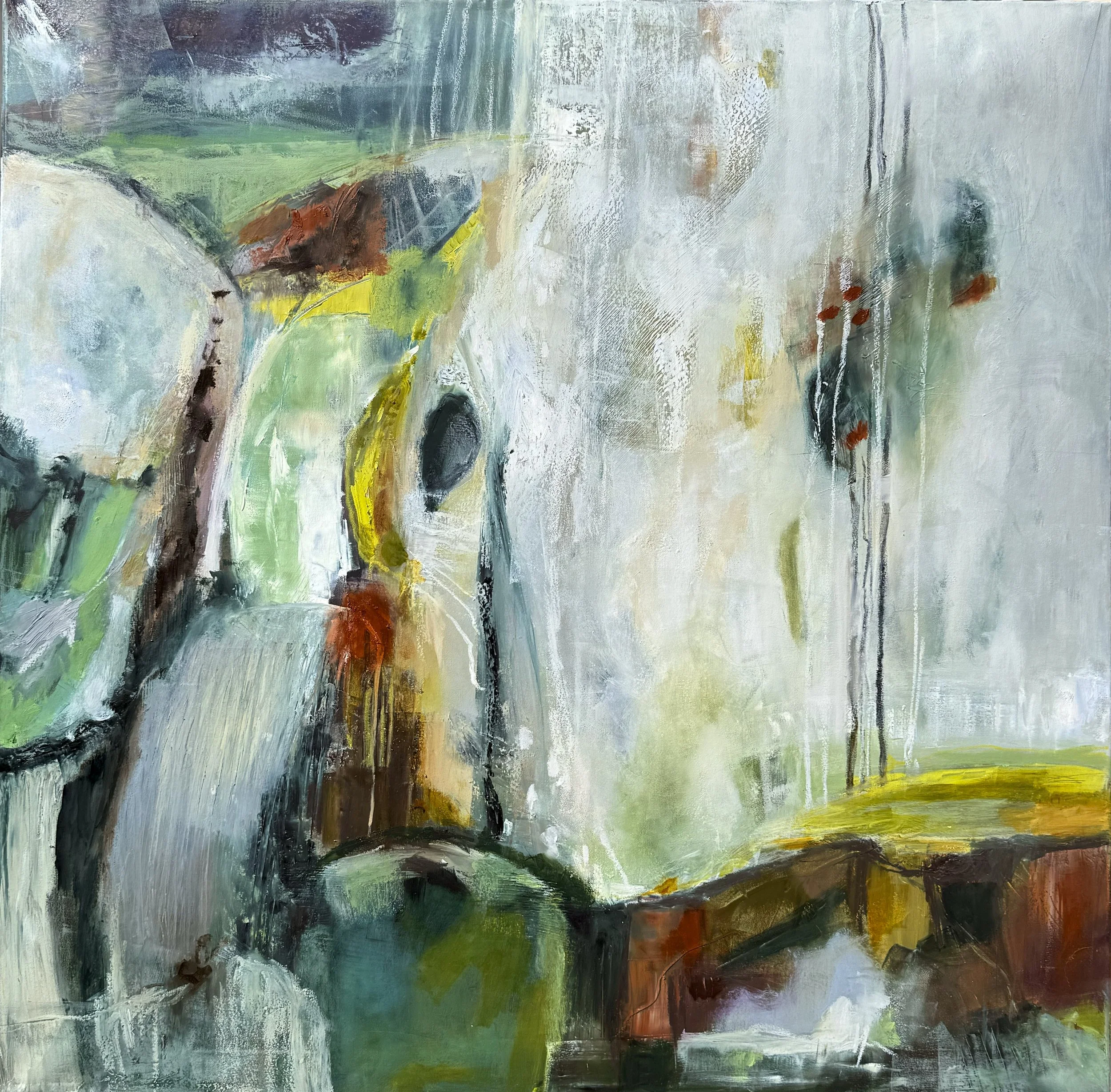 Abstract oil painting with green, yellow, white, blue, and black brushstrokes.