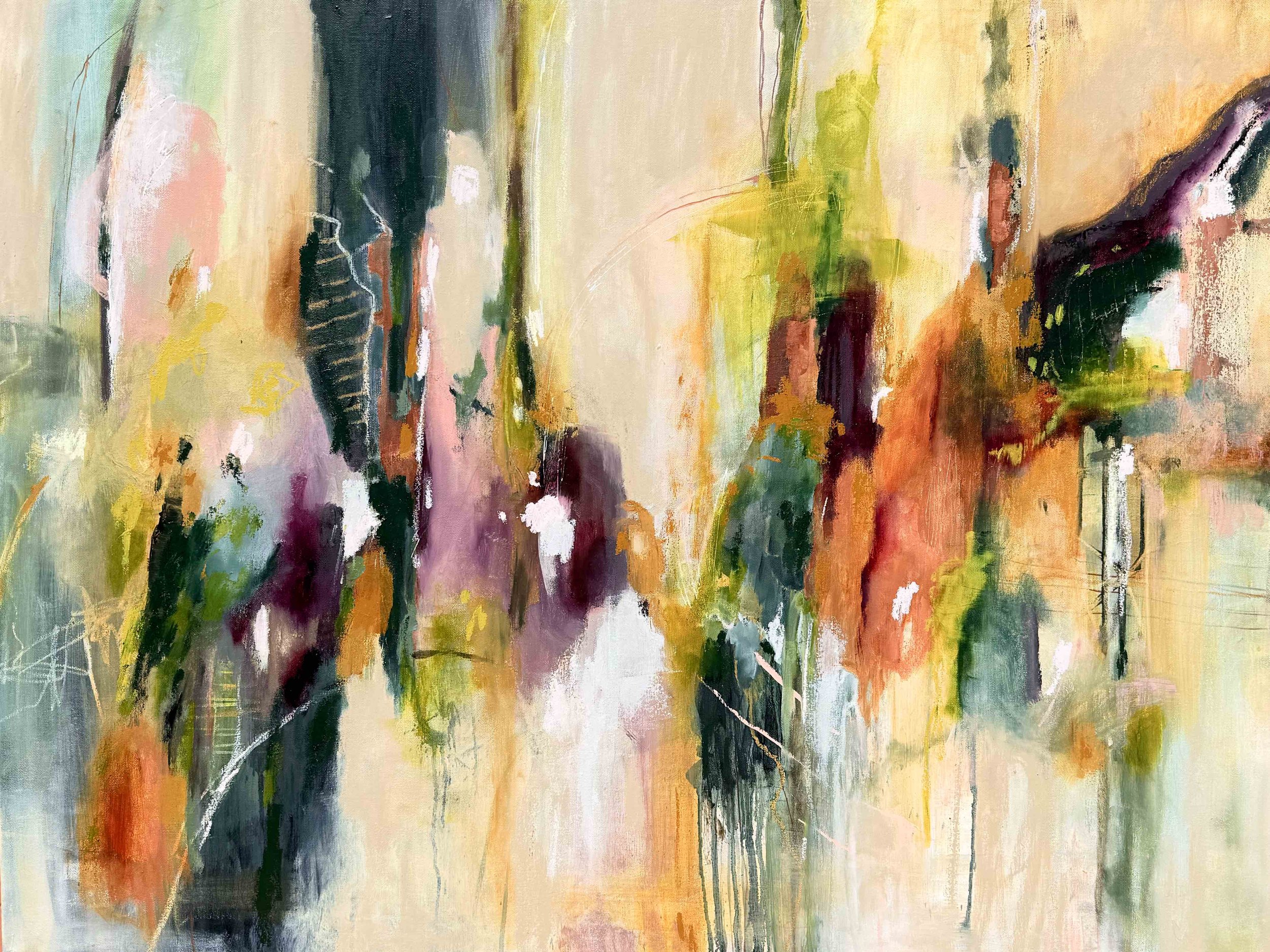 Abstract oil painting in green and purple by Brita Nordin