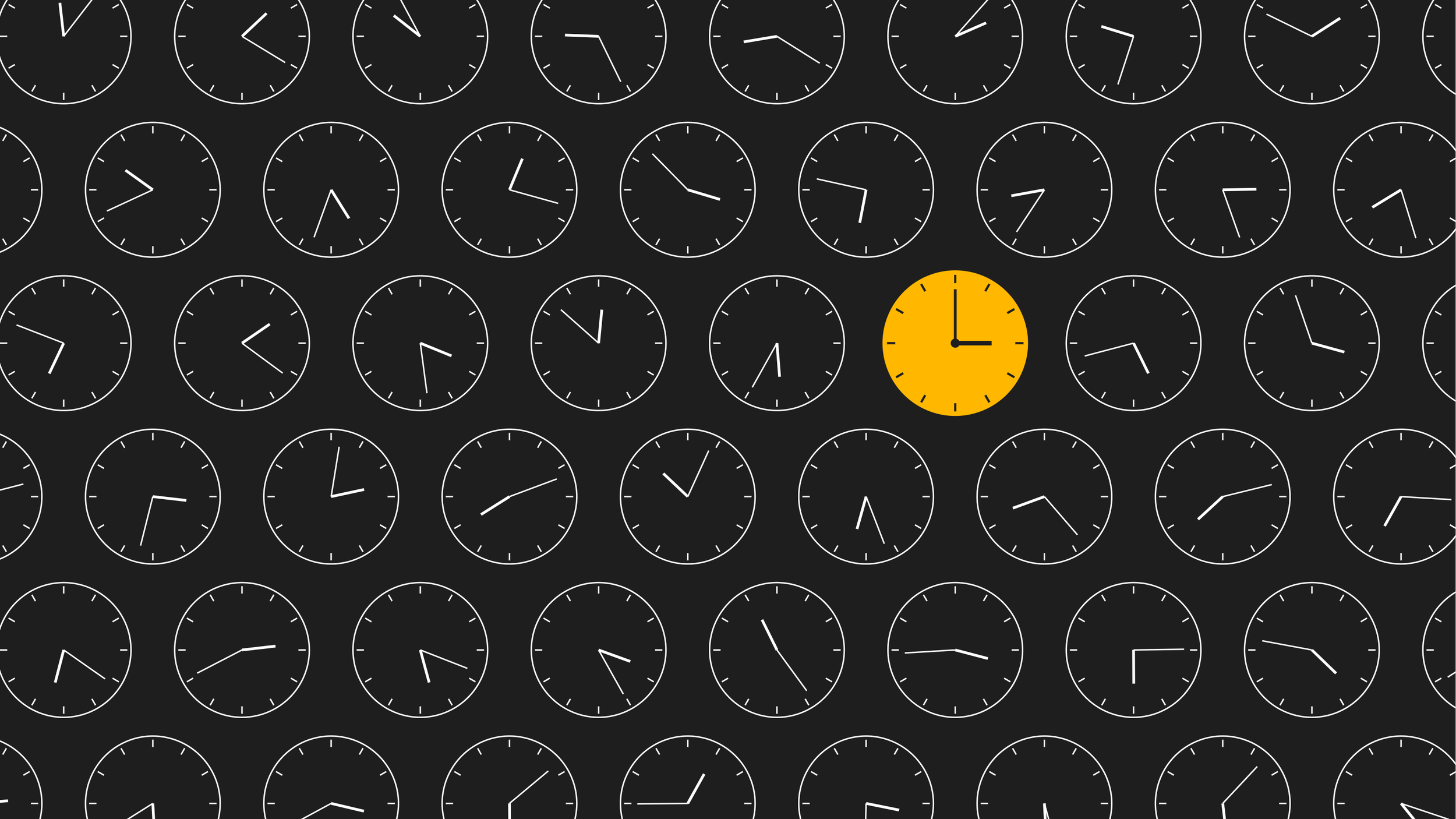 A dark background covered in rows of white line-drawn clock faces, each showing a different time. Near the centre, one solid amber clock stands out, its hands set calmly at three o’clock.