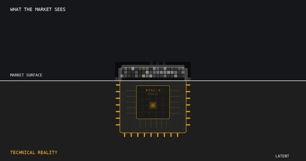 RISC-V chip above and below market waterline — clear circuit detail below the surface, pixelated and unreadable above, illustrating the RISC-V marketing gap.