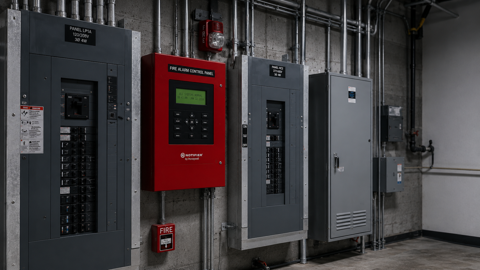 Electrical control panels on a concrete wall, including fire alarm control panel and circuit breaker panels.