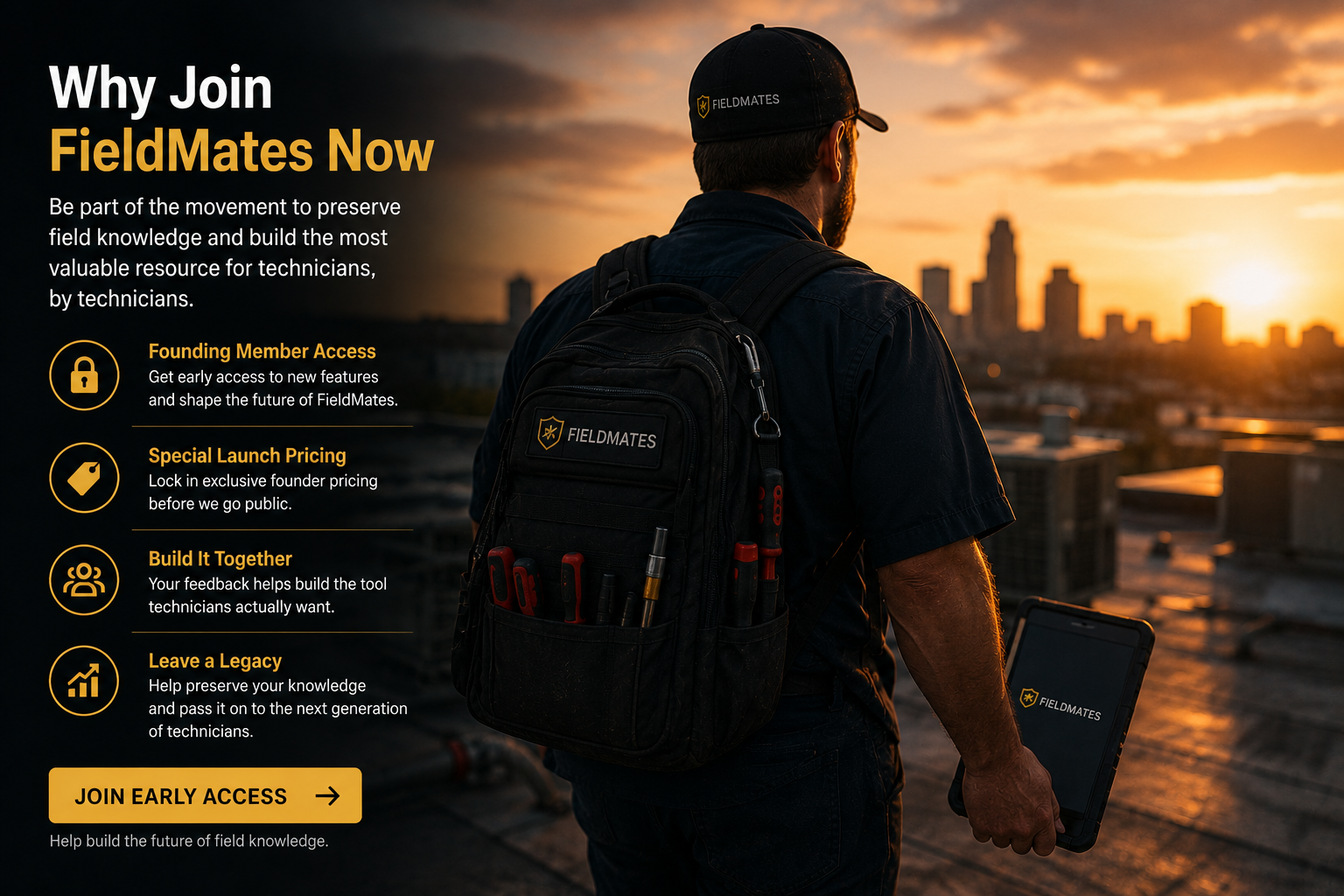 A man wearing a black FieldMates cap and backpack, holding a tablet,  while heading to a commercial service call at sunset. Promoting FieldMates membership benefits and early access.