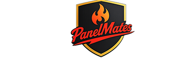 PanelMates logo with black shield, red flame, and red script text