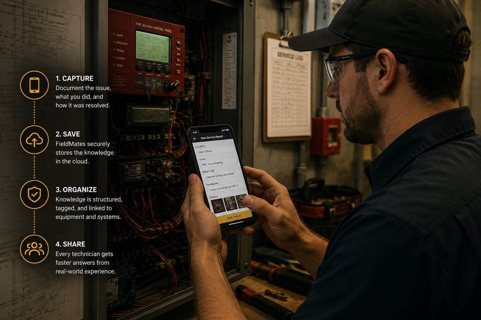 A technician in safety glasses and a cap inspecting an electrical panel while holding a smartphone displaying a service report form. Text on the left explains steps for documenting issues, saving data, organizing information, and sharing knowledge.