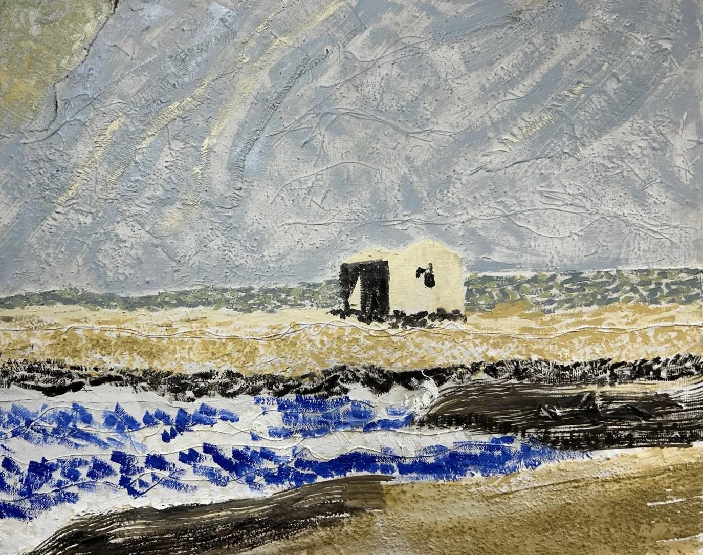 Abandoned Hut 44x55 Oils on collage of fabric, on board