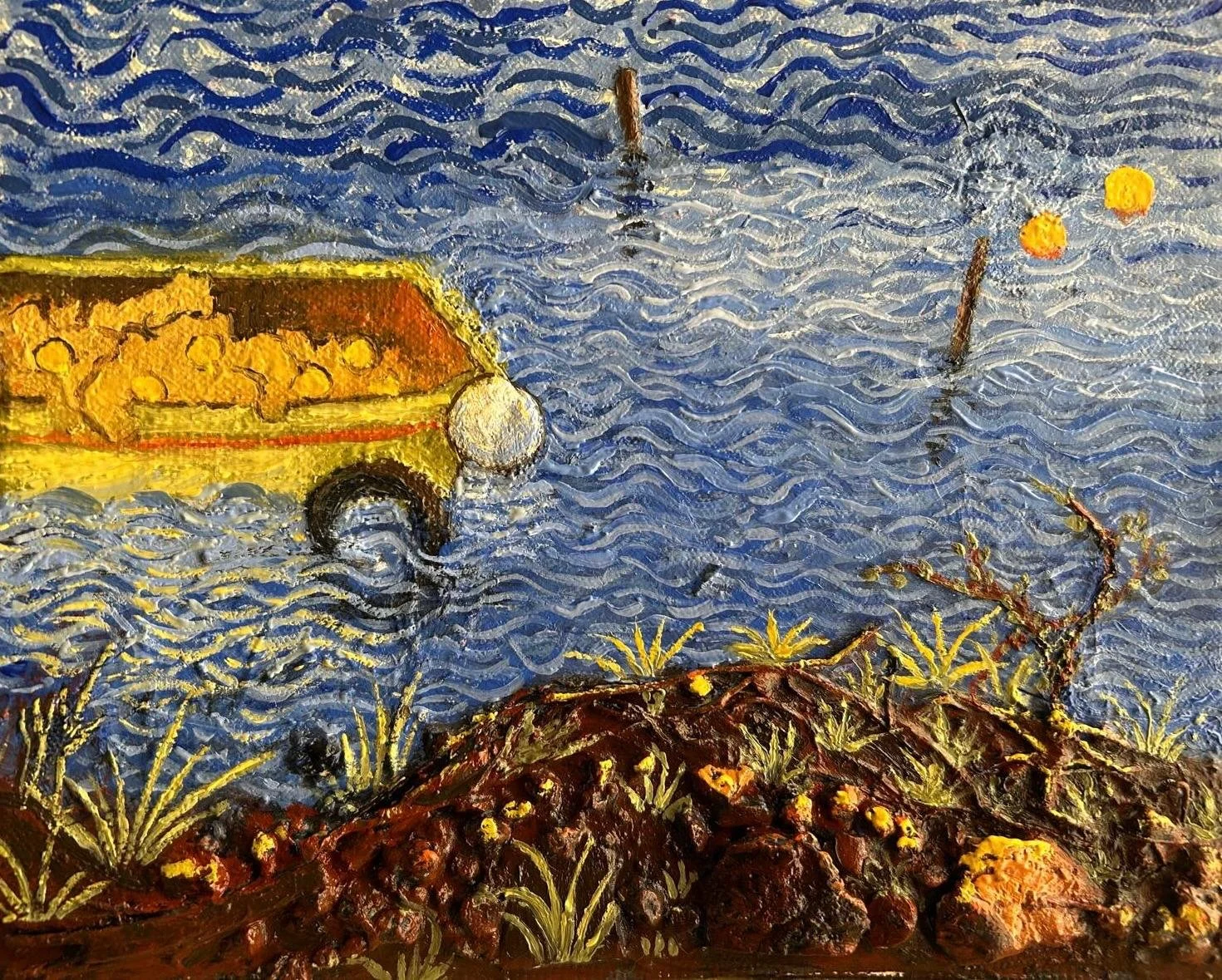 Fishing Boat 2  25x20. Oils on collage of fabric and wood, on board