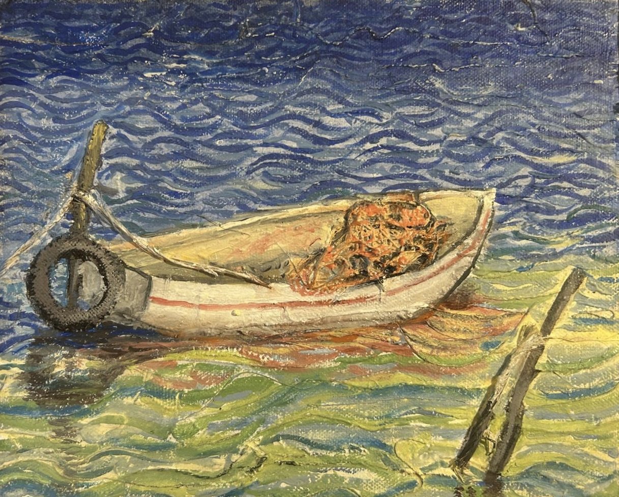 Fishing Boat 1  25x20 Oils on collage of fabric and wood, on board
