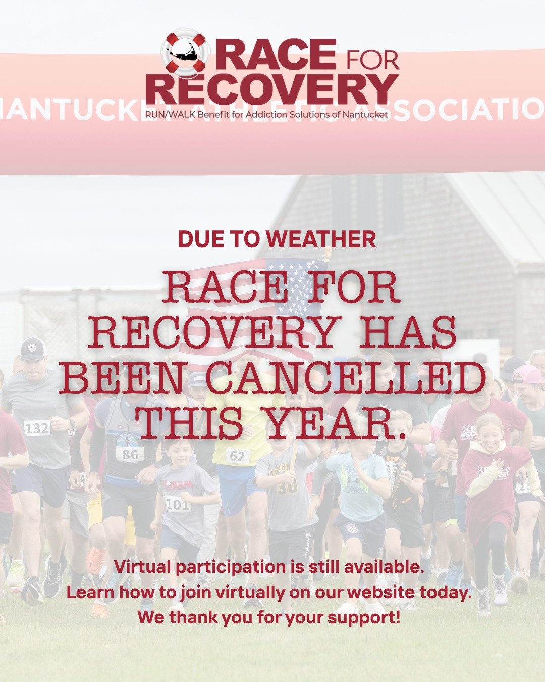🚨 Race for Recovery is cancelled. 🚨

Due to the weather forecast, we have decided to cancel this year's race. We are so grateful to everyone who signed up to race with us. Virtual participation is still open, and you can learn how to race virtually