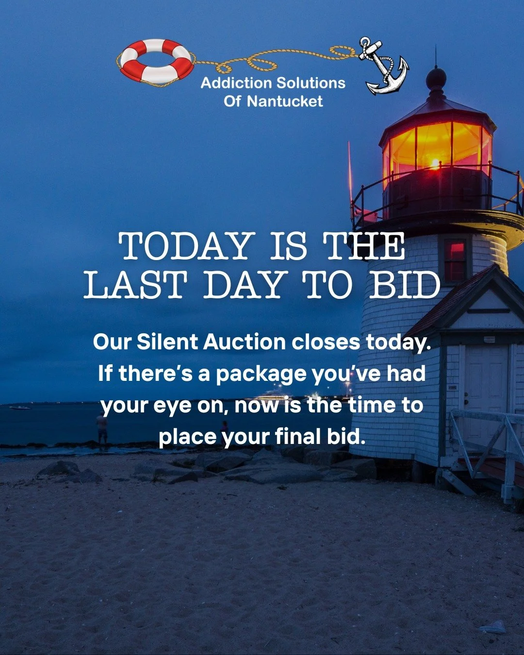 Today is the final day of the Addiction Solutions of Nantucket Silent Auction.

If you&rsquo;ve been watching the electric bike, Nantucket dining packages, fitness and wellness experiences, local shopping, or another favorite, don&rsquo;t wait too lo