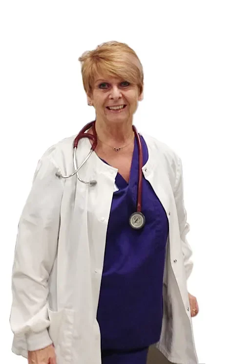 Aline Wommack, RNMS, woman doctor in scrubs on Nantucket