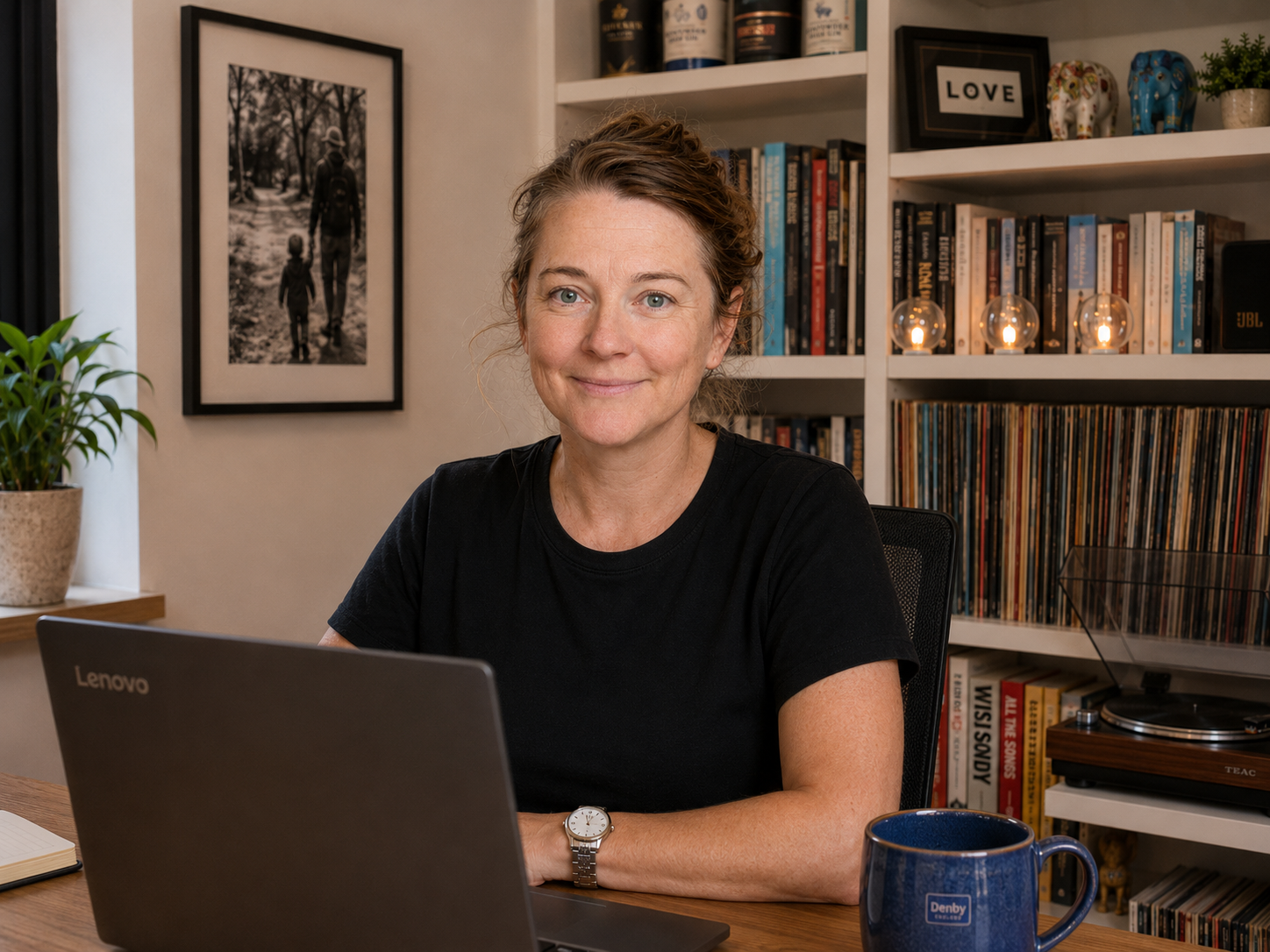 A woman sitting at a desk with a Lenovo laptop, wearing a black t-shirt and a silver watch, smiling. Behind her are bookshelves with books and decorative items, including figurines and a framed picture of a person with a child, and a green plant on the left.