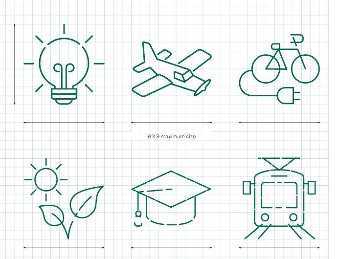 Six green line icons on a grid background: a light bulb, an airplane, a bicycle with an electric plug, a sun with two leaves, a graduation cap, and a train.
