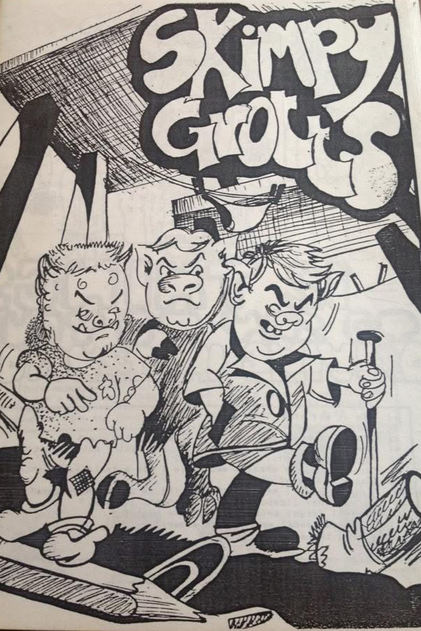 Cartoon illustration of three anthropomorphic animals playing pool, with a sign above them reading 'Skimp & Grog's'.