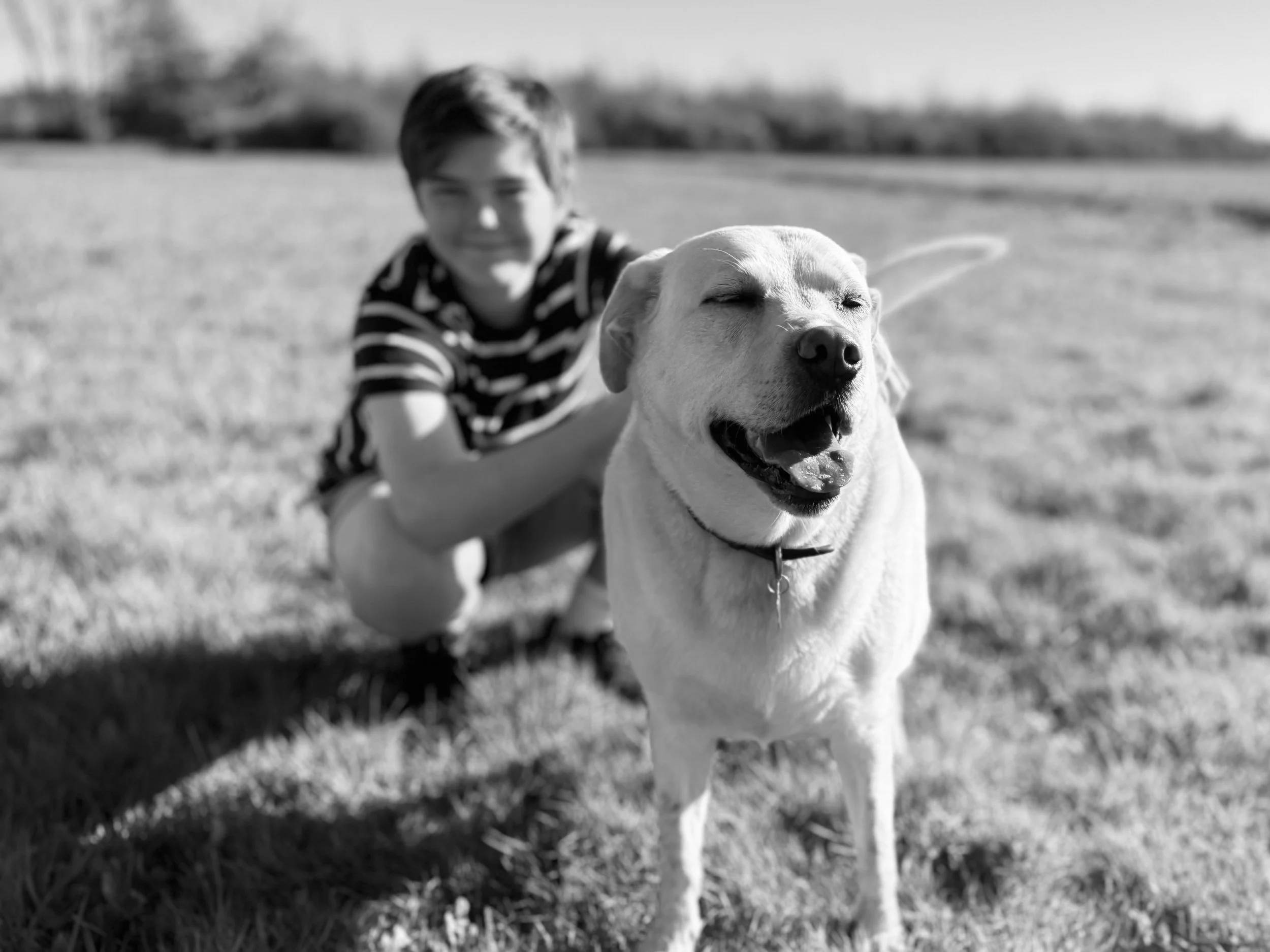A smiling child with dark hair in a striped shirt laying on grass with a happy dog, seen in black and white.