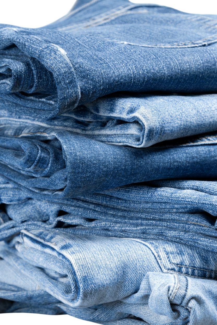 Stacked folded blue denim jeans.