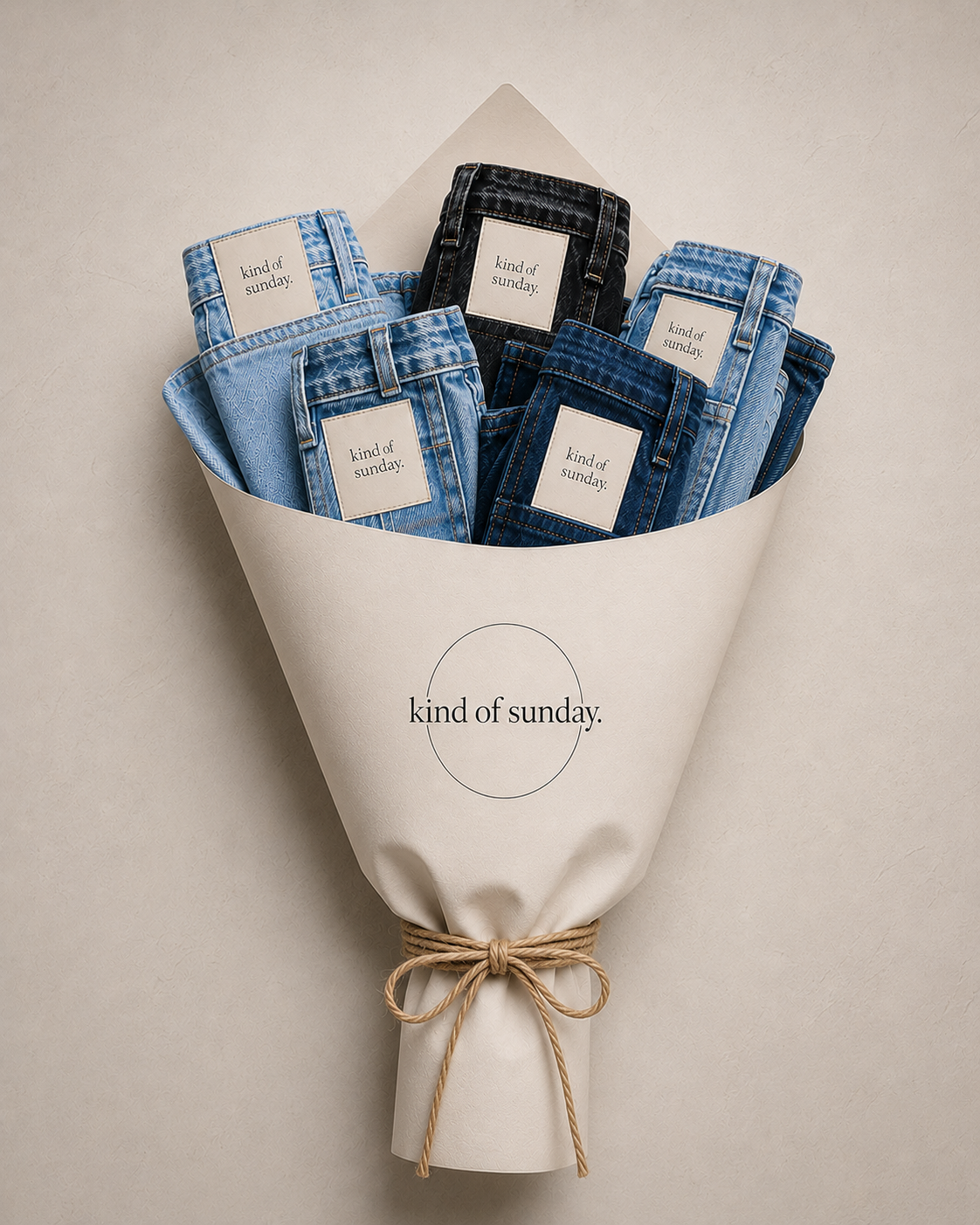 A bouquet of folded blue and black denim jeans with tags that say 'kind of sunday,' wrapped in white paper with the same text and tied with a twine bow.