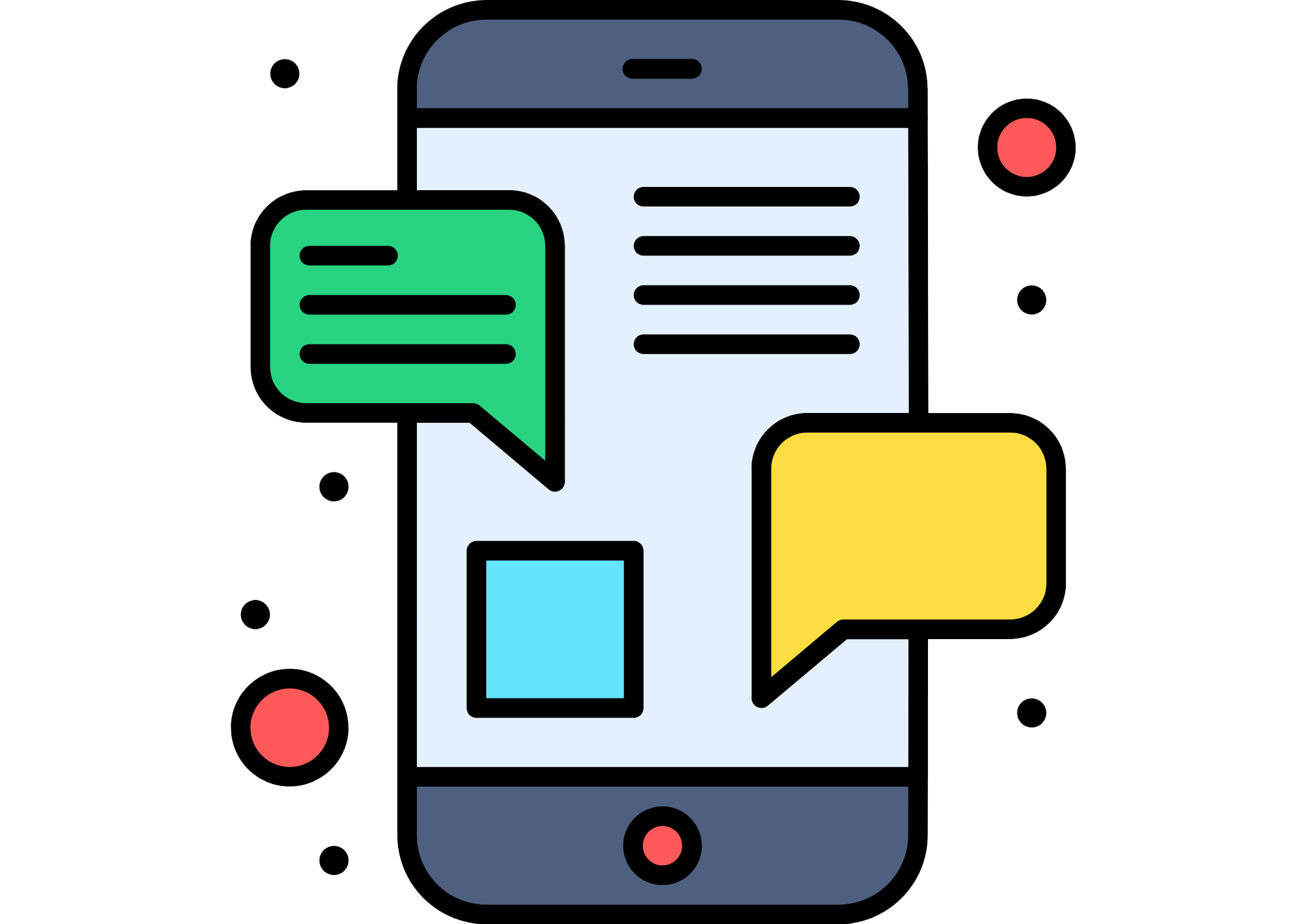 A stylized illustration of a smartphone with colorful chat message bubbles, including green, yellow, and blue, on a black background with red and black circular accents.