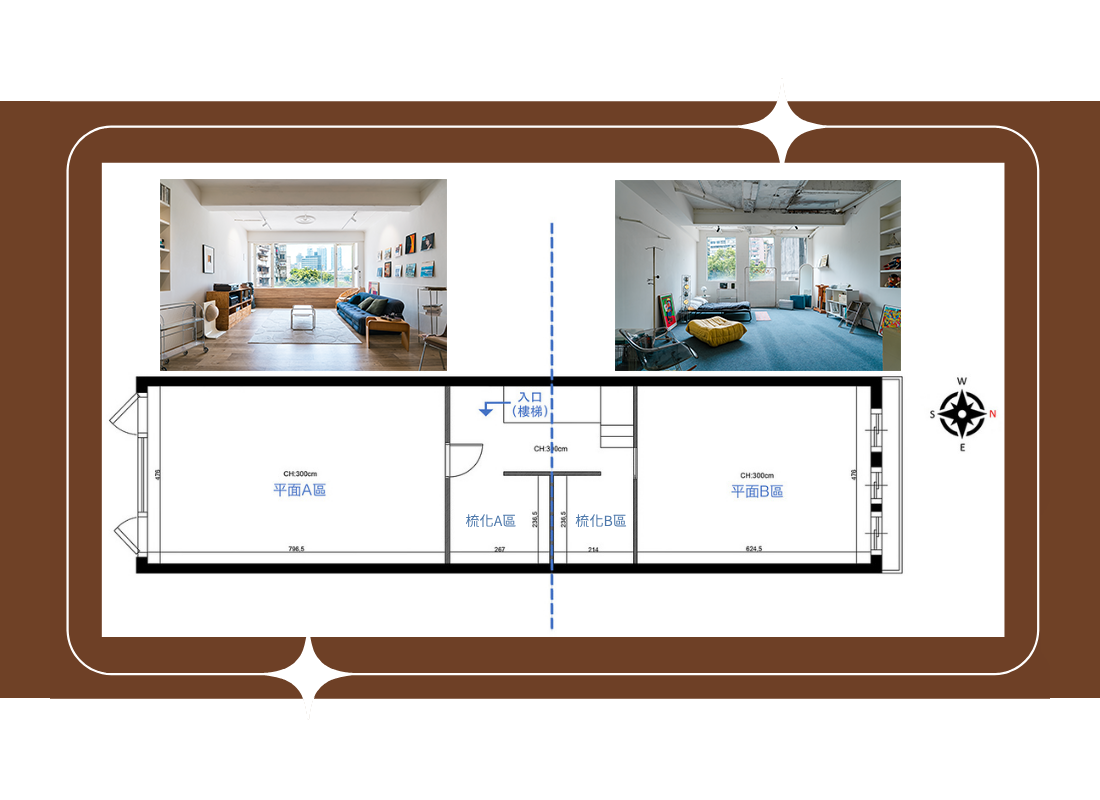 日常製造 Daily Loft | 台北自然光實景攝影棚 - 平面圖，，包含A區日光復古客廳、B區藍調時尚公寓與兩間梳化區