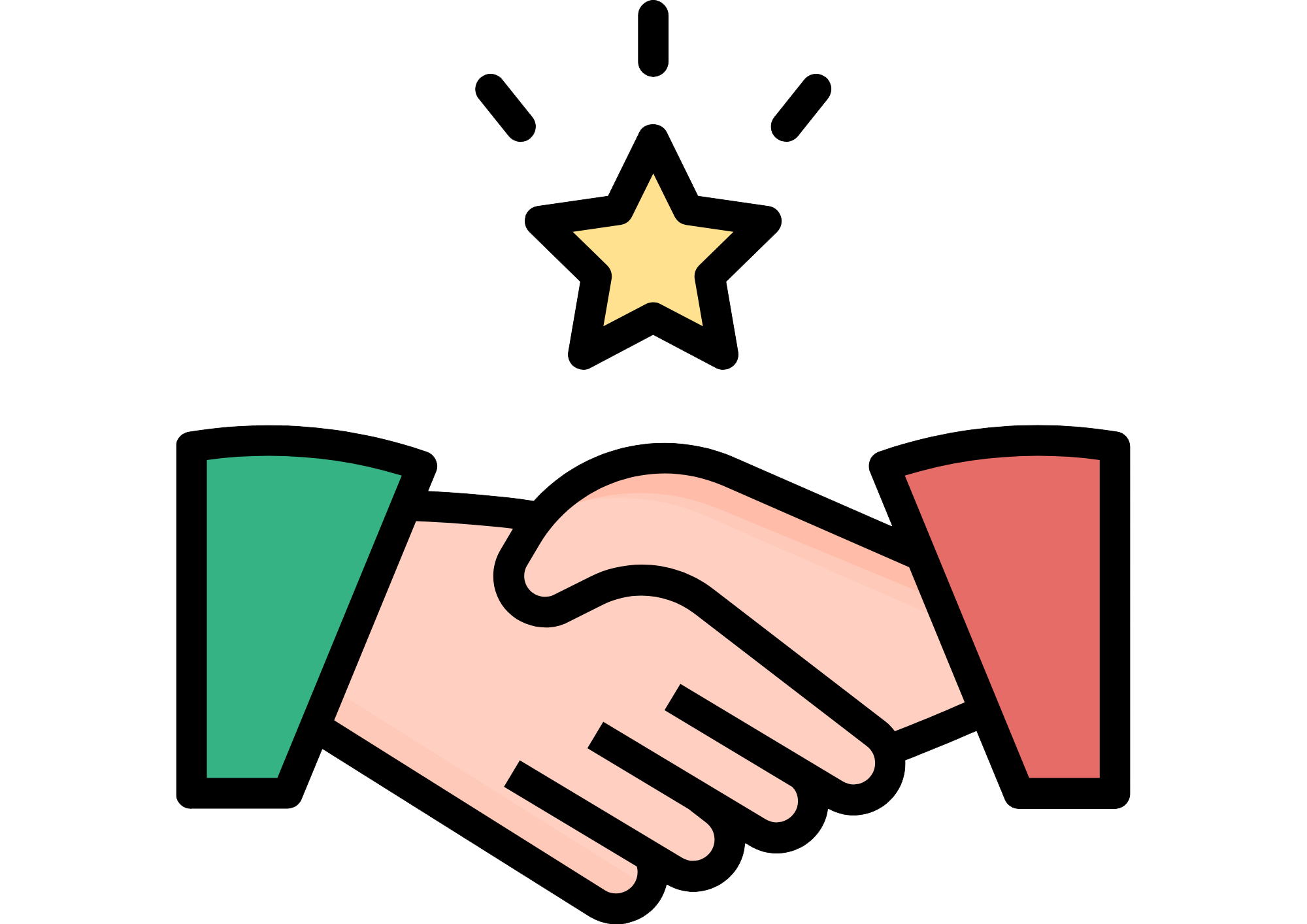 Illustration of two hands shaking with a star above them and two rectangles, one green and one red, on either side.
