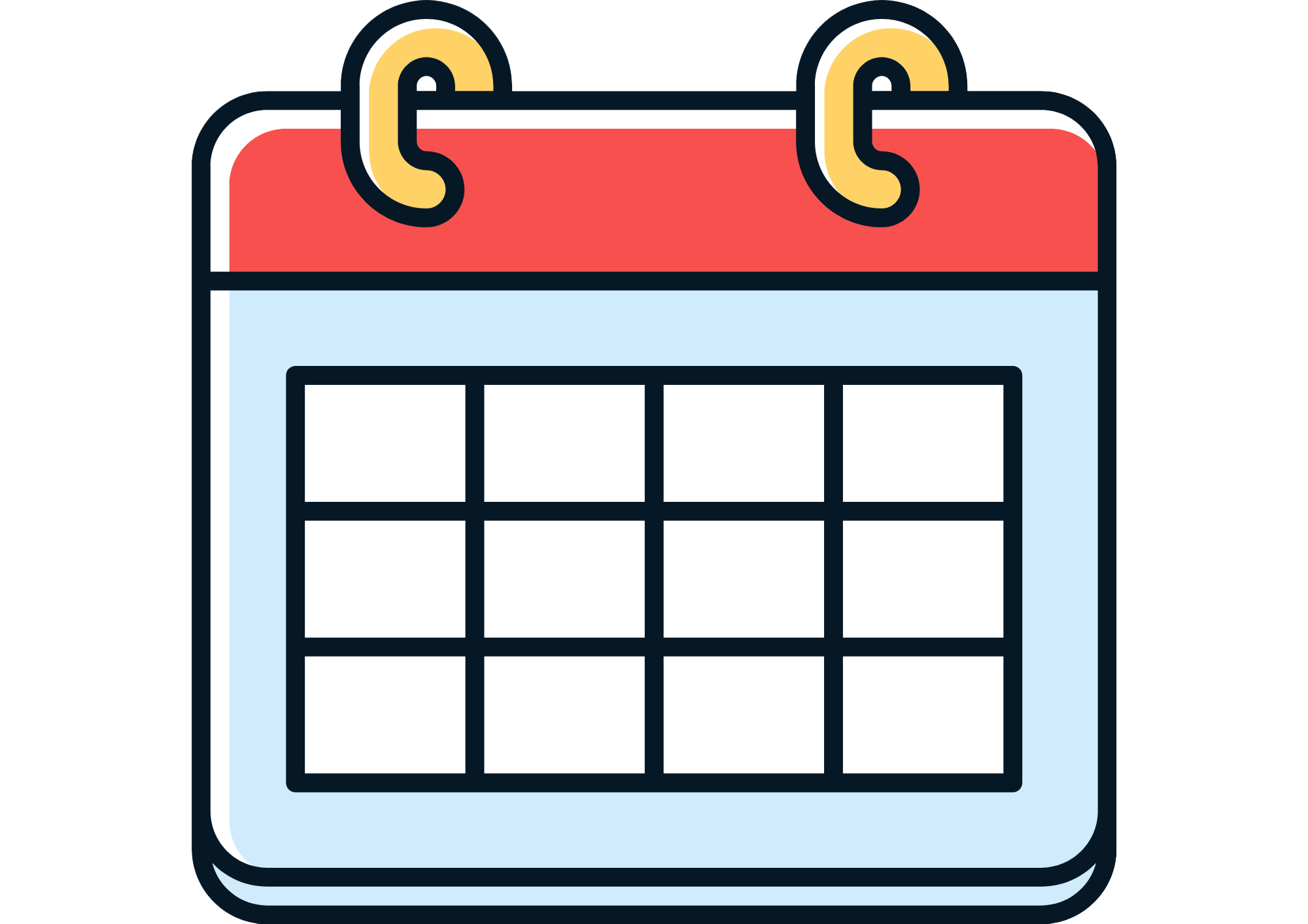 A digital graphic of a calendar with pages turning, colored in red, yellow, white, black, and blue.