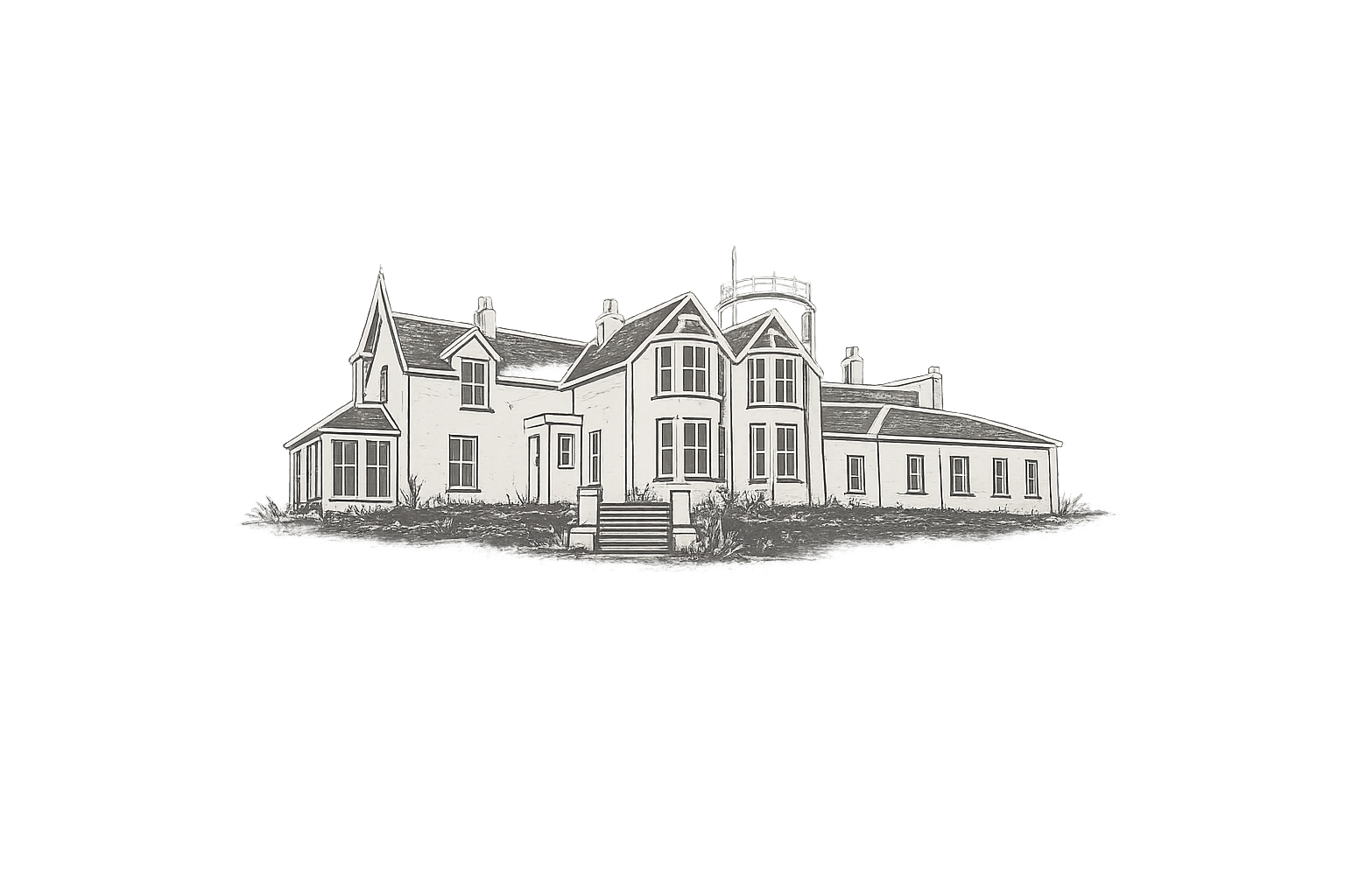 Black and white sketch of a large Victorian-style house with multiple gables, tall windows, and a turret, featuring a front porch with steps leading up to the entrance.