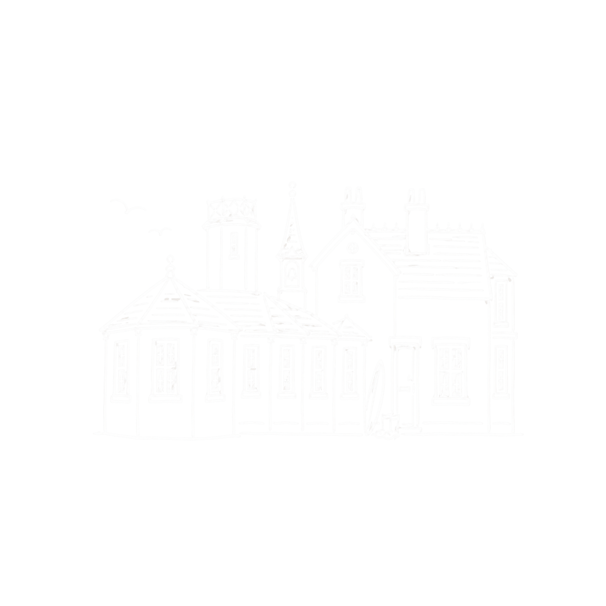 White line drawing of a historic Victorian house with multiple towers, steep roofs, and ornate architectural details, set against a black background with birds flying overhead.