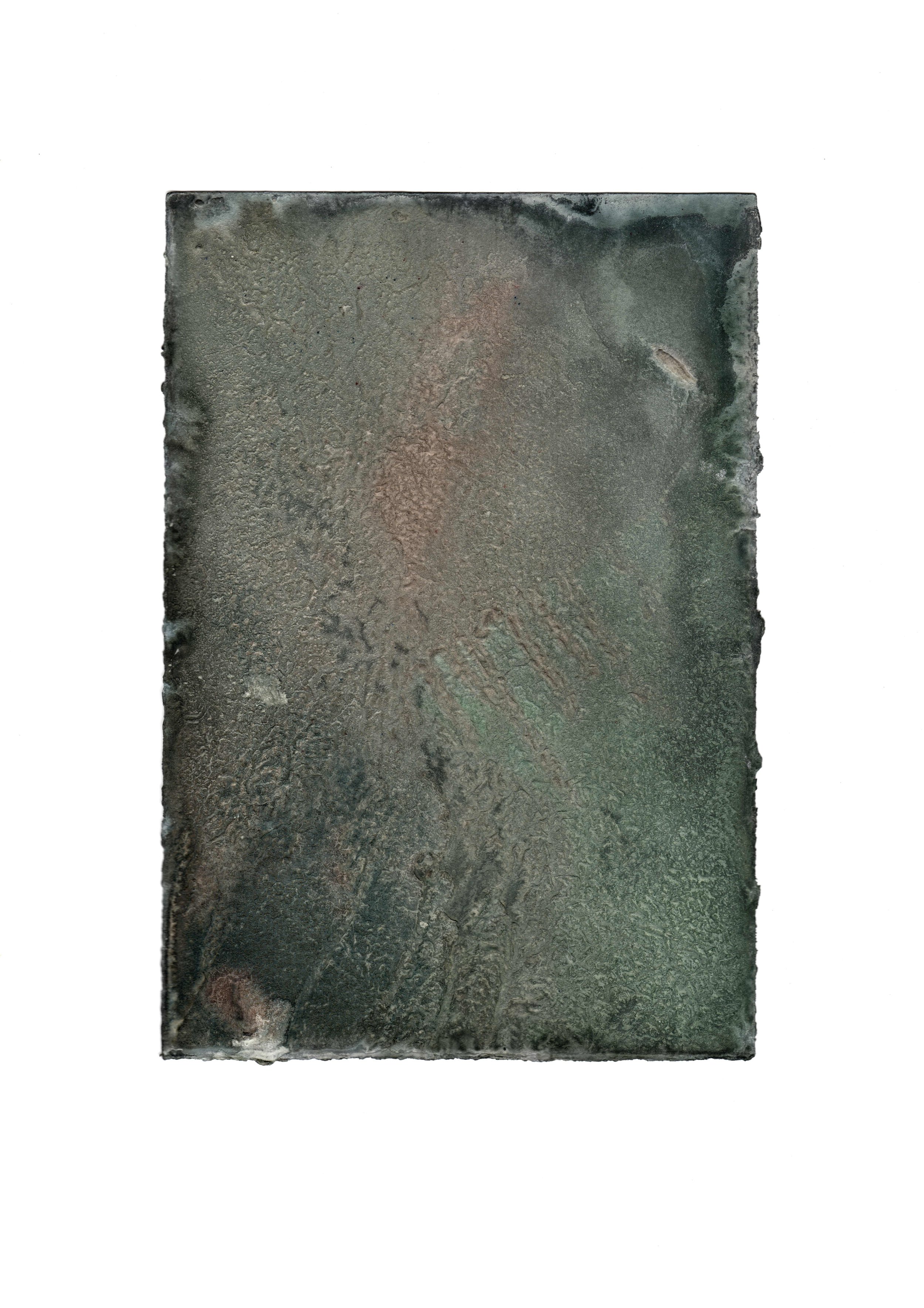 The following works are 21 x 29,7 cm. Stone dust and binder sedimented on paper, colored with reactive dyes. 