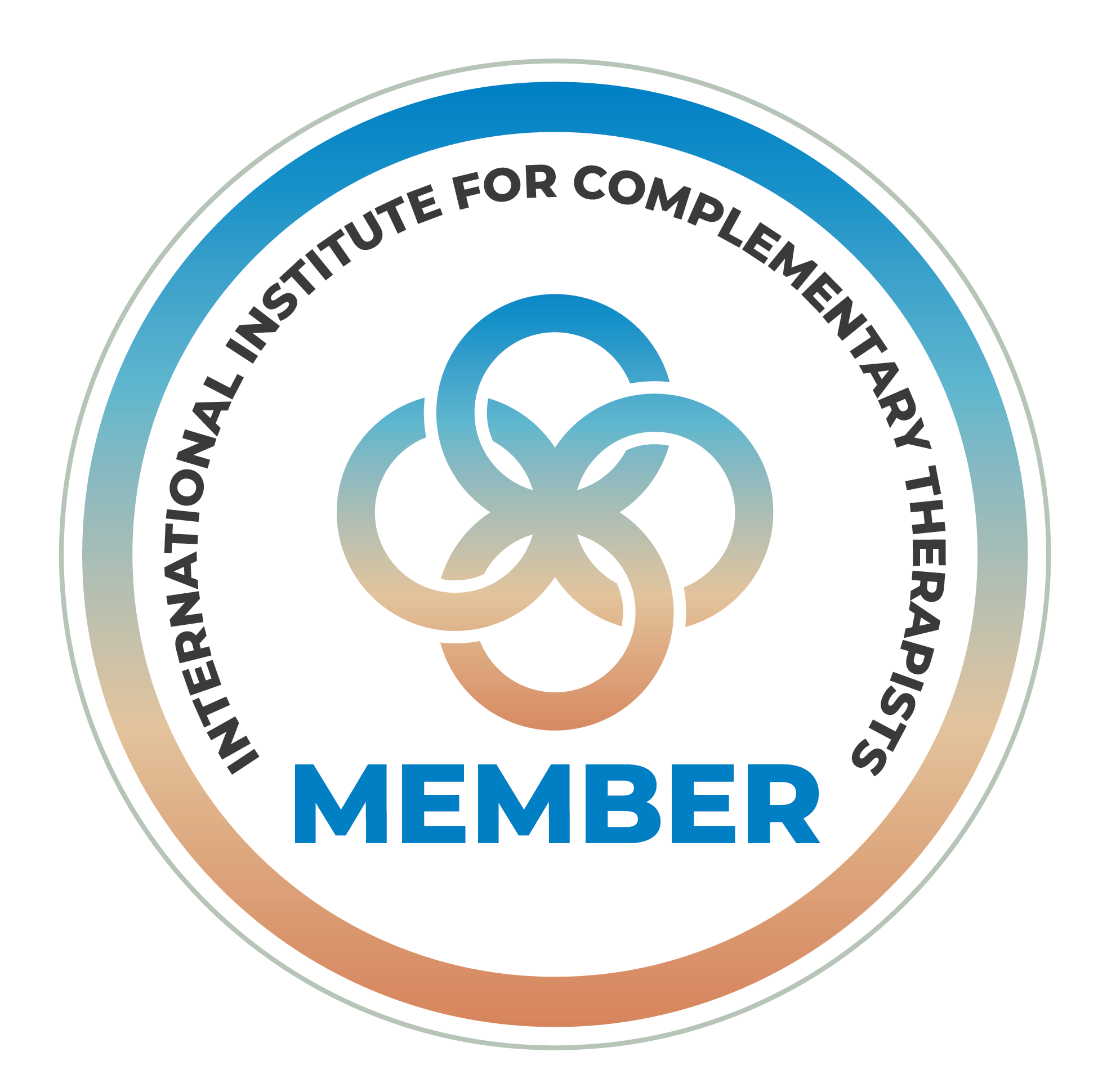 A circular badge with a blue and beige gradient border containing the text "MEMBER" in large blue letters and the words "INTERNATIONAL INSTITUTE FOR COMPLIMENTARY THERAPIES" around the top edge.
