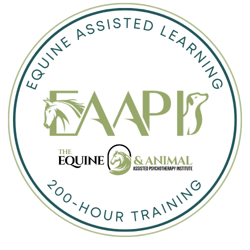 Circular logo for Equine Assisted Learning and Training, featuring a lion's head, a horse's head, and a horse silhouette, with the text 'AAPI', 'The Equine & Animal Assisted Psychotherapy Institute', and '200-Hour Training'.