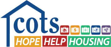 Logo for COTS HOPE HELP HOUSING featuring a house outline, with the company abbreviation 'cots' inside, and colorful labels for hope, help, housing.