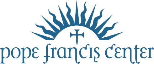 Logo of Pope Francis Center featuring a stylized sun with rays and a cross with a shepherd's crook in the center.