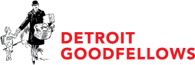 Black and white illustration of a man in a suit reading a newspaper, with red text 'Detroit Goodfellows' beside him.