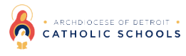 Logo of Archdiocese of Detroit Catholic Schools featuring a stylized figure in front of three colorful circles