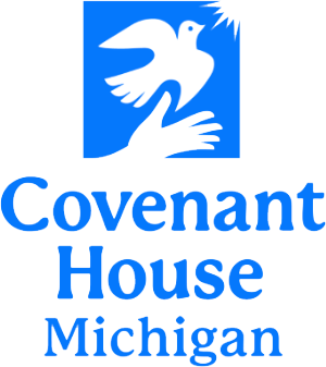 Covenant House Michigan logo featuring a white dove and a black hand on a blue background with the text.