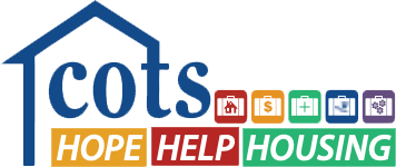 Logo for COTS HOPE HELP HOUSING featuring a house outline, with the company abbreviation 'cots' inside, and colorful labels for hope, help, housing.