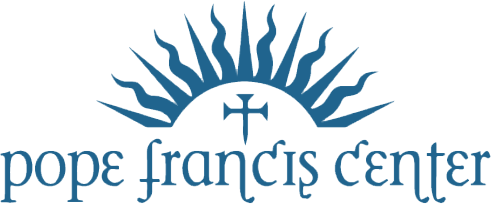 Logo of Pope Francis Center featuring a stylized sun with rays and a cross with a shepherd's crook in the center.