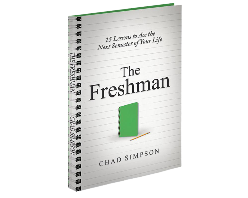 Book titled 'The Freshman' by Chad Simpson, with subtitle '15 Lessons to Ace the Next Semester of Your Life', featuring a green notebook and a pencil on the cover.