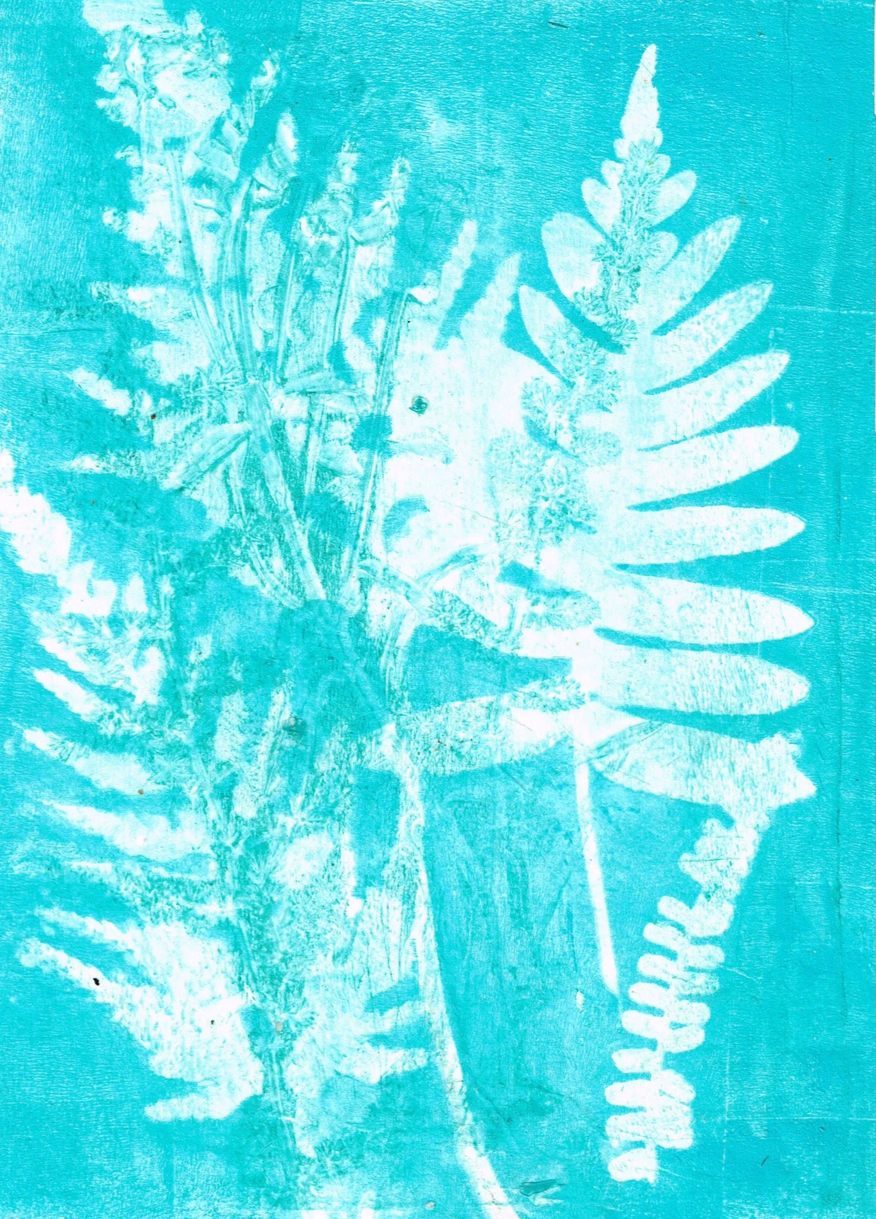 Turquoise geli-print of ferns
