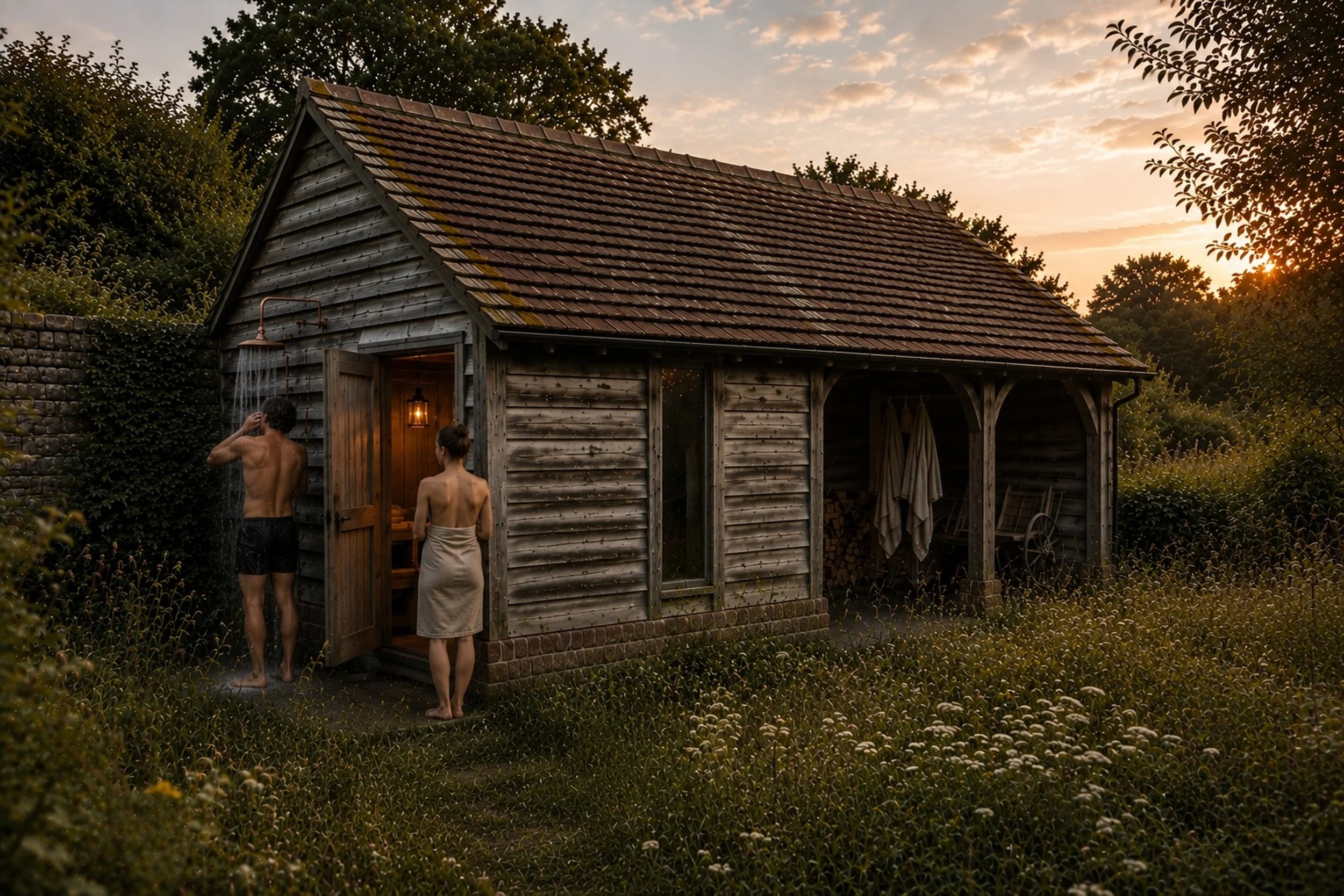 Two people standing outside a rustic cart lodge sauna at sunset, with one person showering and the other wrapped in a towel surrounded by greenery.