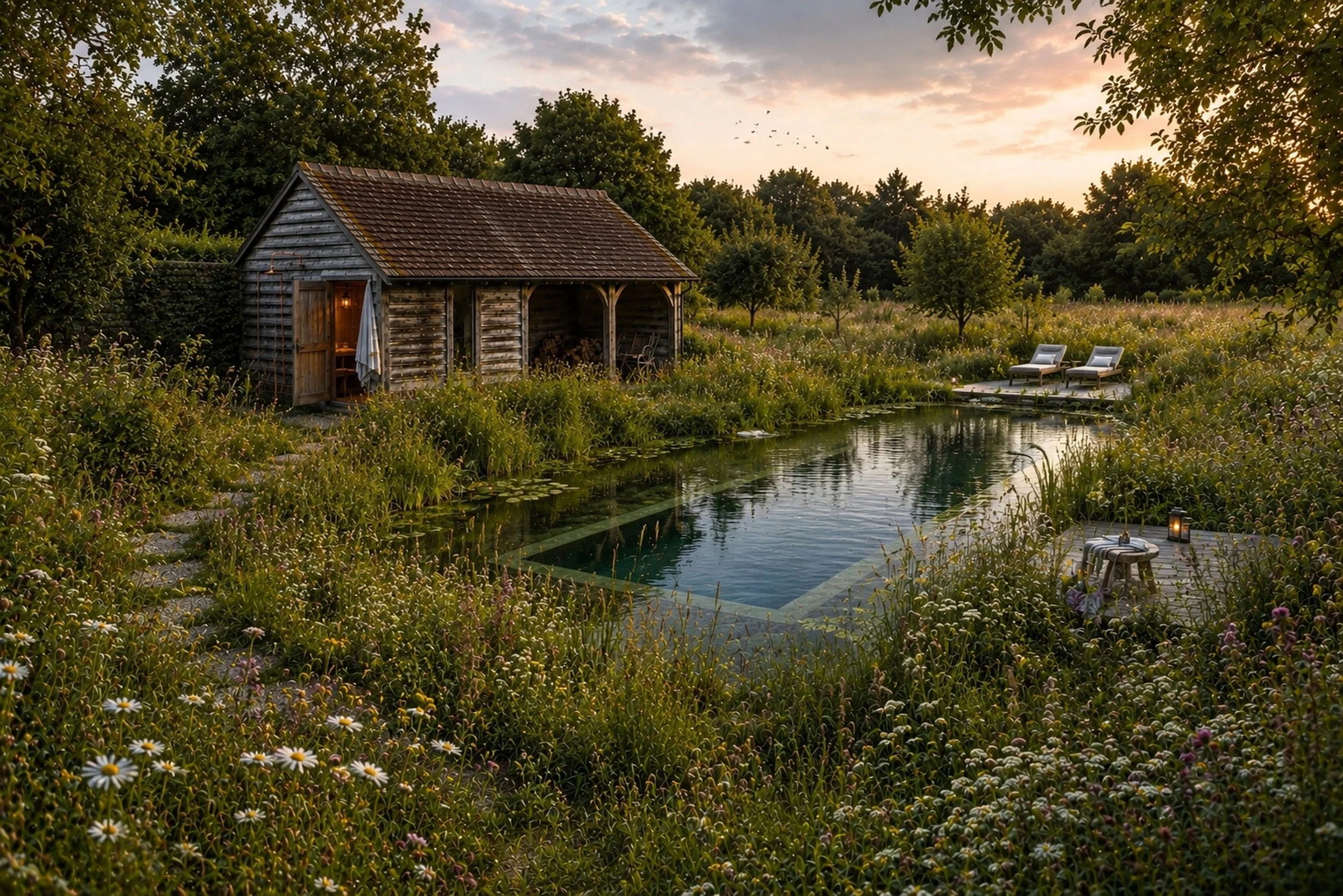 A rustic cartlodge sauna by a natural swimming pond with two lounge chairs, surrounded by lush plants and trees at sunset.