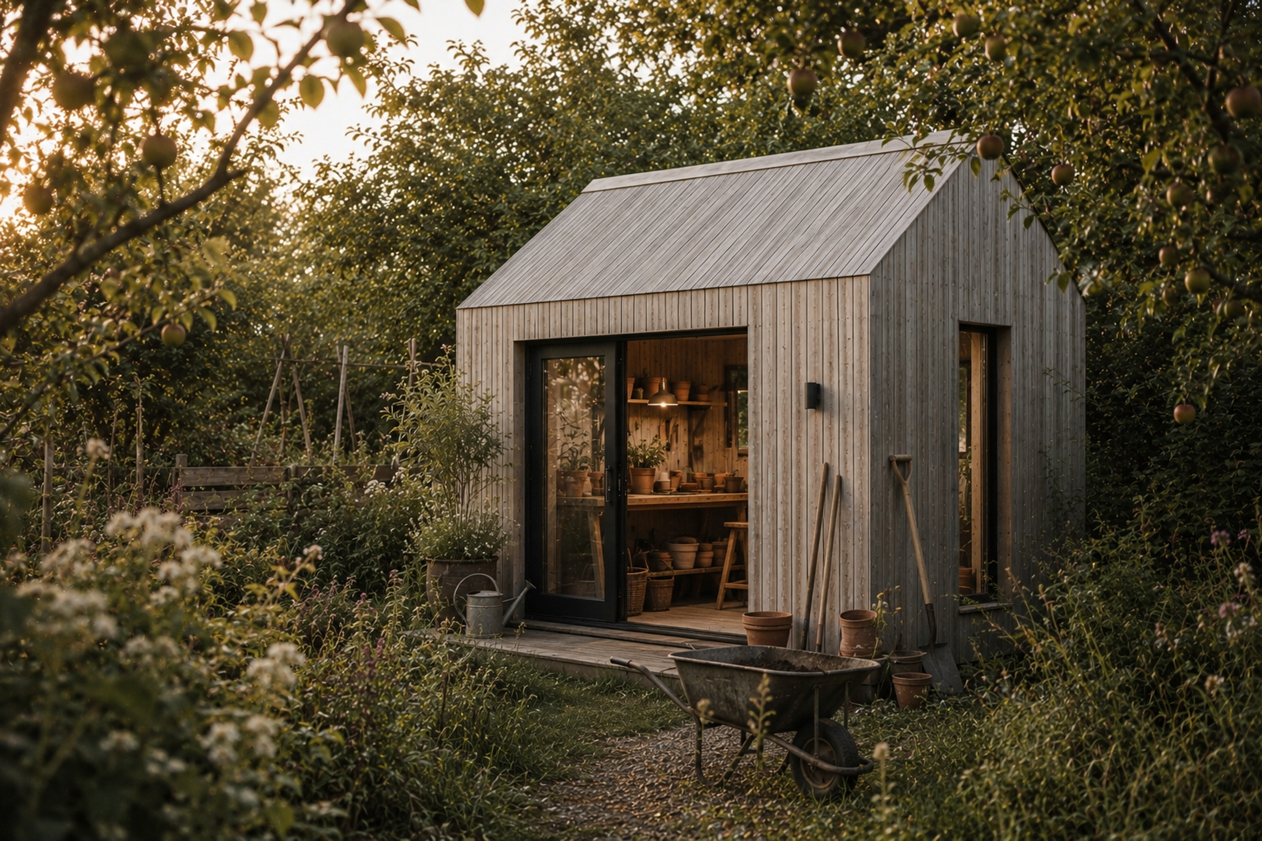 A small wooden shed with large sliding glass doors, inside shelves with pots, surrounded by a lush garden with apple trees and gardening tools such as a wheelbarrow and watering cans, during sunset.